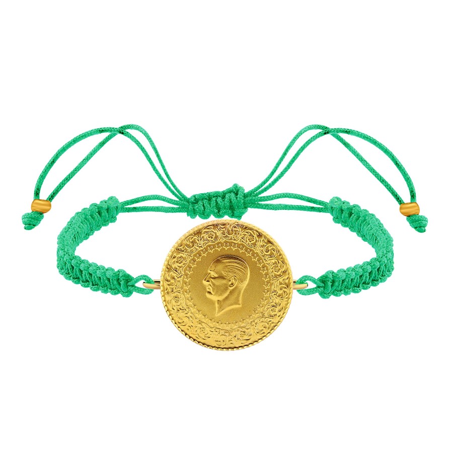 22 Ayar Yeni Tam Altın Yeşil Renkli İpli Bileklik