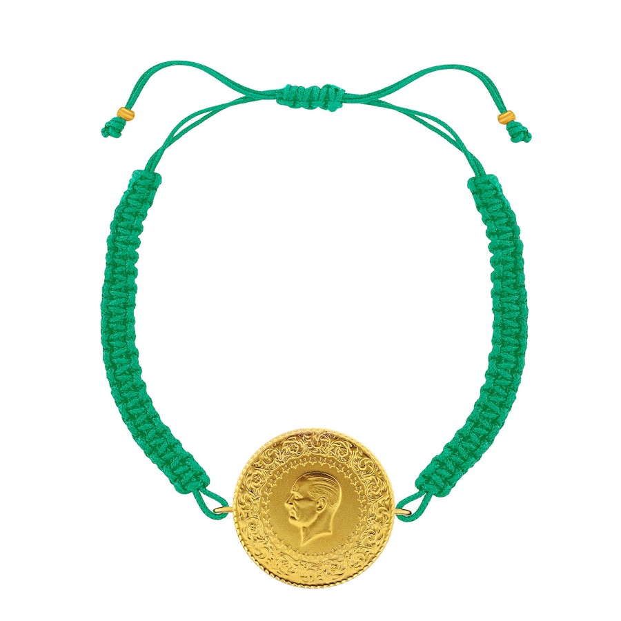 22 Ayar Yeni Tam Altın Yeşil Renkli İpli Bileklik