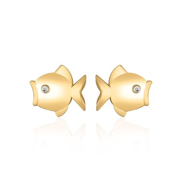 14 Ayar Sarı Altın Balık Figürlü Taşlı Küpe