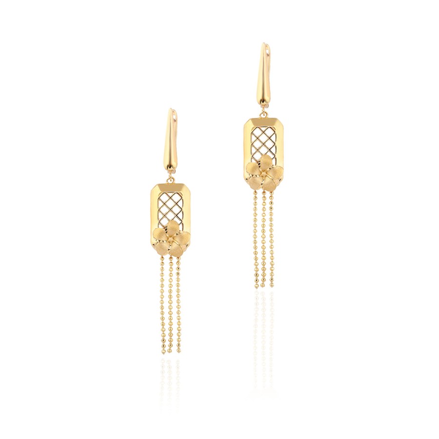 14 Ayar Sarı Altın Sallantılı Yonca Figürlü Pimli Küpe