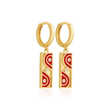 14 Ayar Sarı Altın Kırmızı Mineli Tasarım Taşlı Halka Küpe