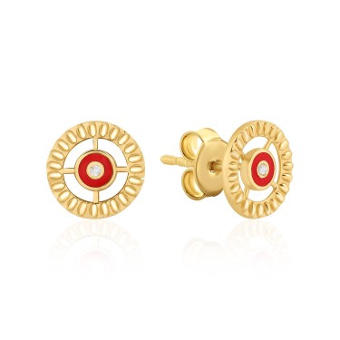 14 Ayar Sarı Altın Kırmızı Mineli Minimal Taşlı Küpe