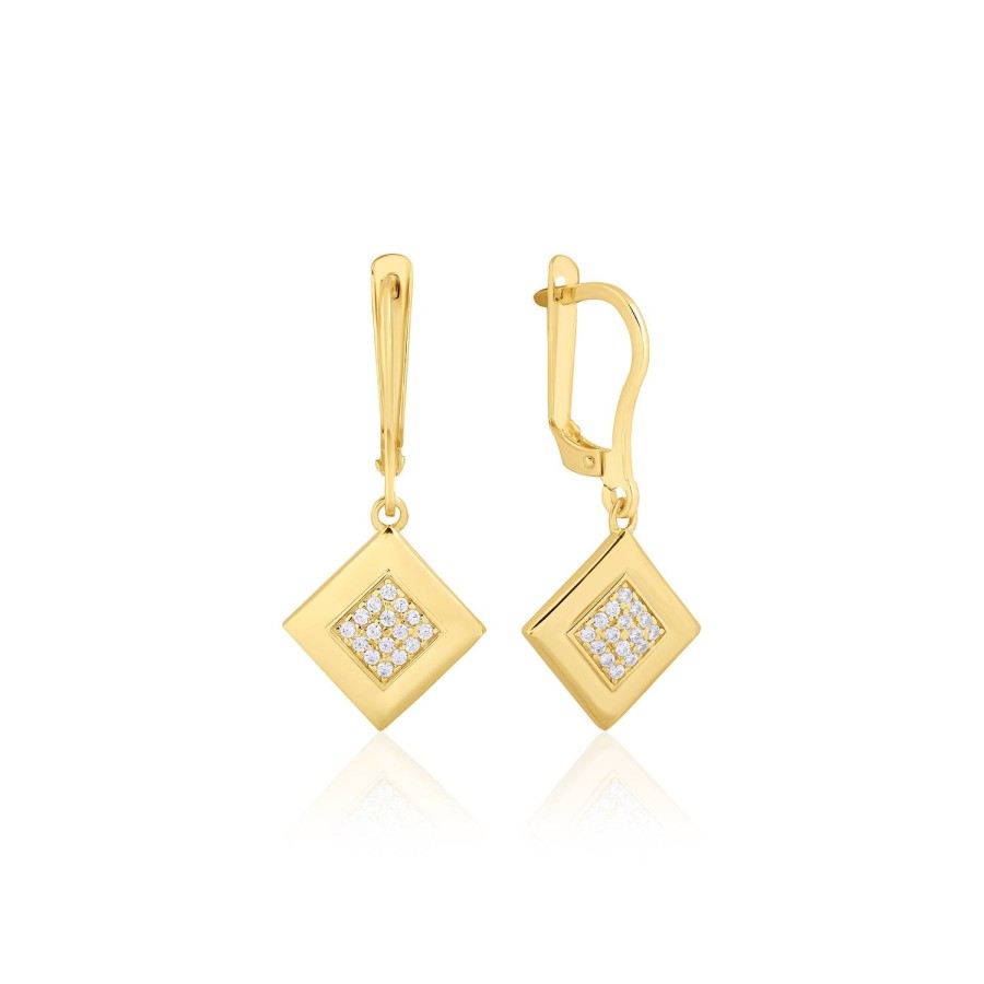 14 Ayar Sarı Altın Sallantılı Kare Kesim Taşlı Küpe