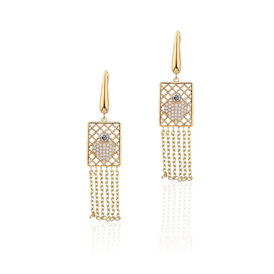 14 Ayar Sarı Altın Kare Sallantılı Tasarım Küpe