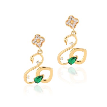 14 Ayar Sarı Altın Kuğu Figürlü Yeşil Taşlı Küpe