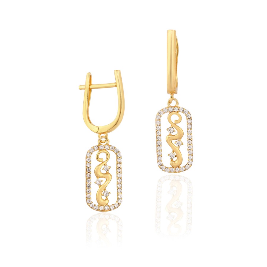 14 Ayar Sarı Altın Taşlı Tasarım Küpe