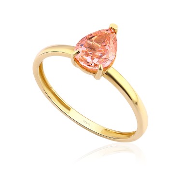 14 Ayar Sarı Altın Armut Kesim Pembe Taş Yüzük