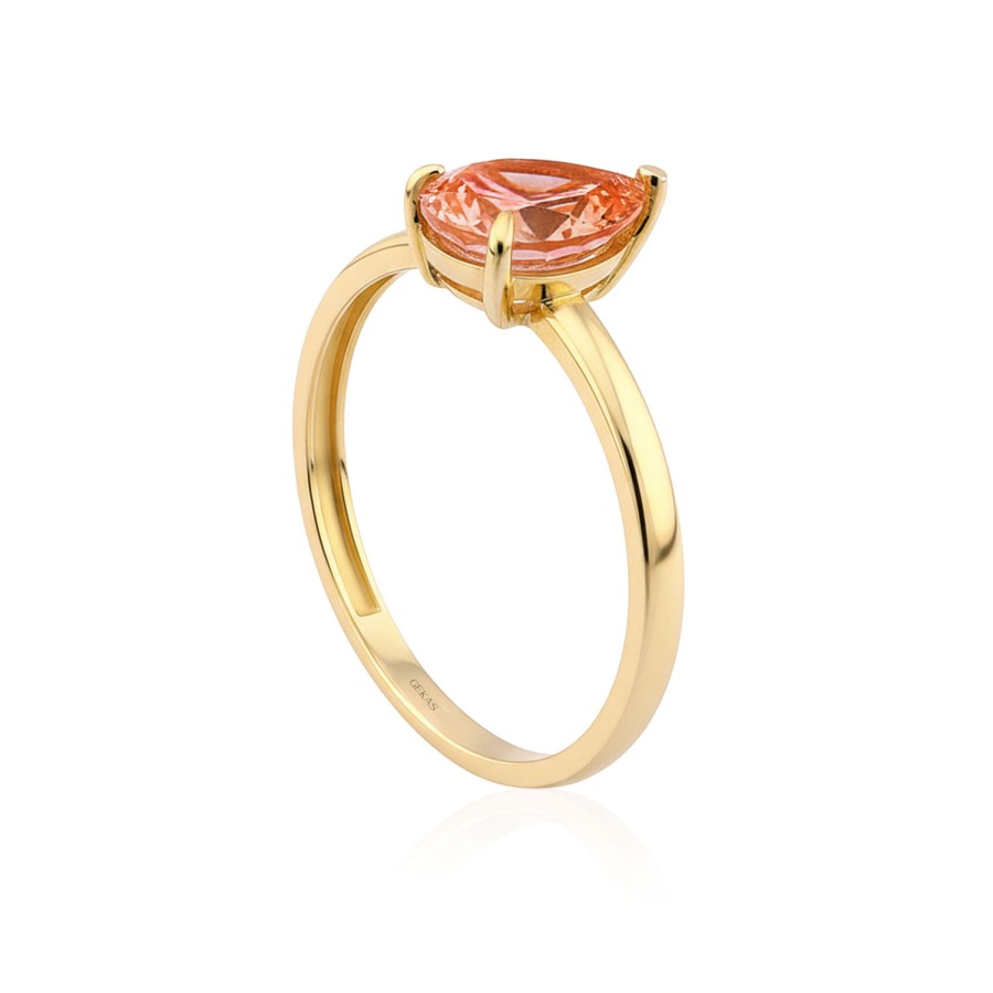 14 Ayar Sarı Altın Armut Kesim Pembe Taş Yüzük