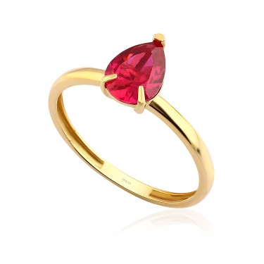 14 Ayar Sarı Altın Armut Kesim Kırmızı Taş Yüzük