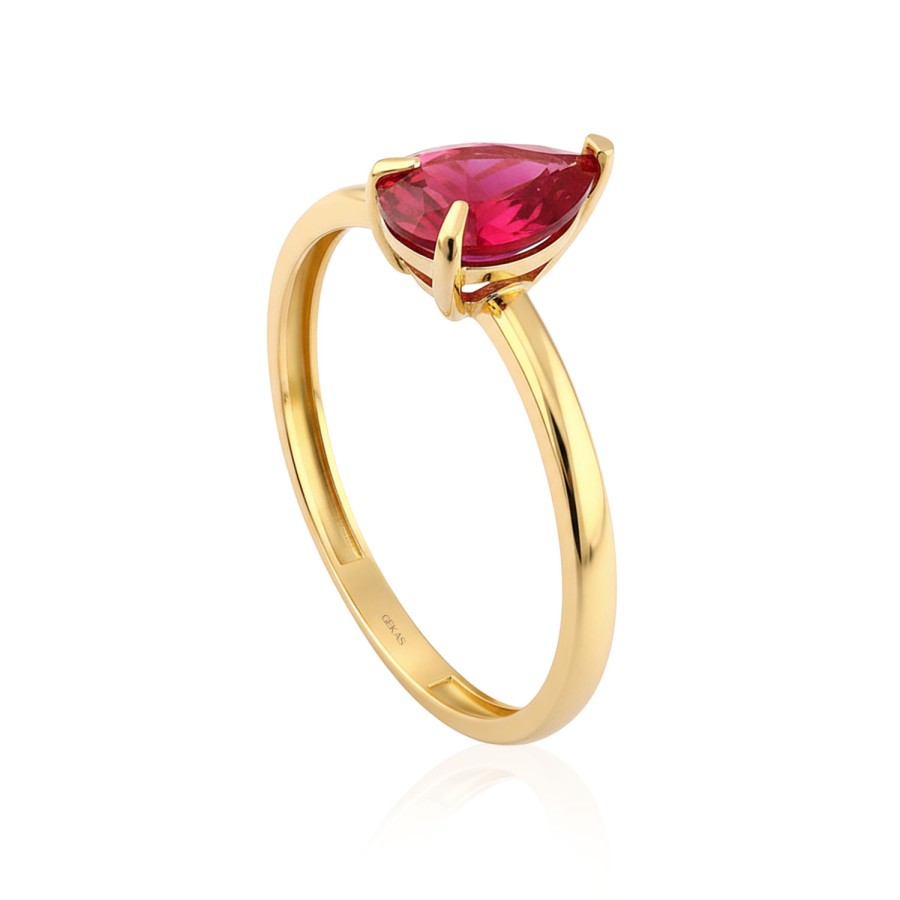14 Ayar Sarı Altın Armut Kesim Kırmızı Taş Yüzük