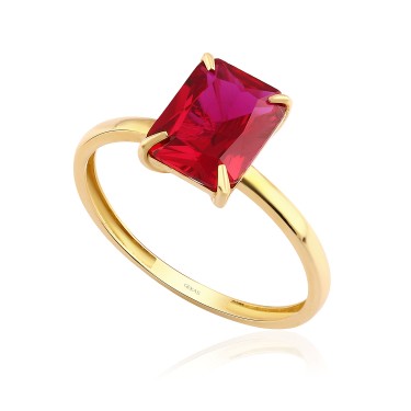 14 Ayar Sarı Altın Baget Kesim Kırmızı Taş Yüzük