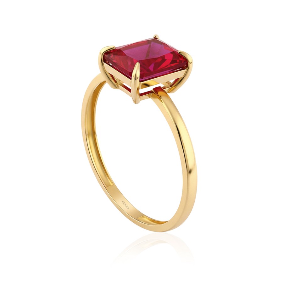 14 Ayar Sarı Altın Baget Kesim Kırmızı Taş Yüzük