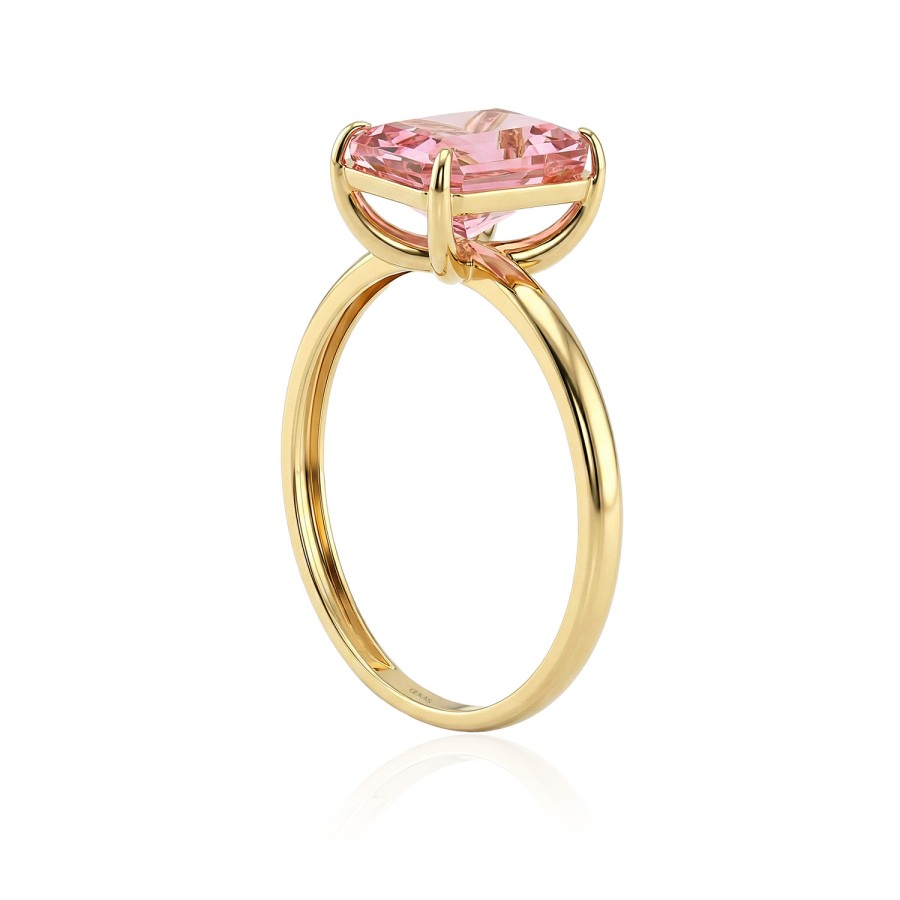 14 Ayar Sarı Altın Kare Kesim Pembe Taş Modern Yüzük