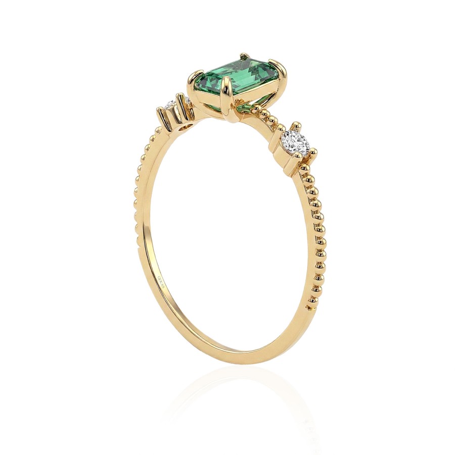 14 Ayar Sarı Altın Baget Kesim Yeşil Taşlı Yüzük