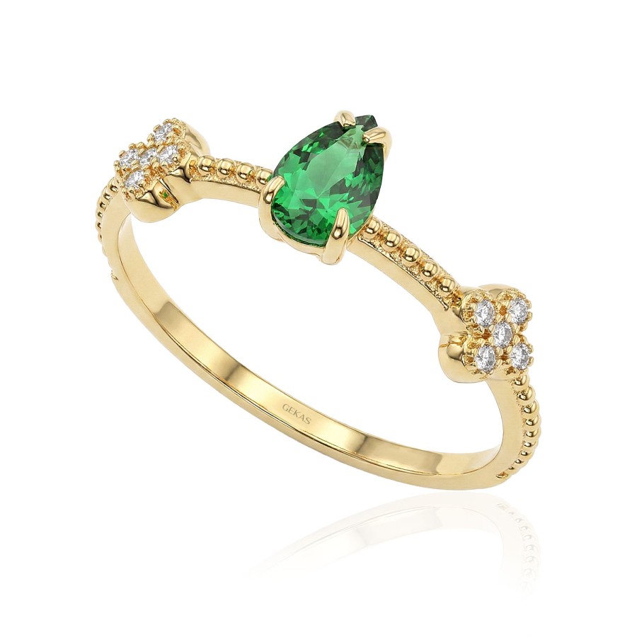 14 Ayar Sarı Altın Oval Kesim Yeşil Taşlı Yüzük