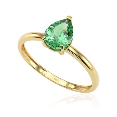 14 Ayar Sarı Altın Armut Kesim Yeşil Taşlı Yüzük