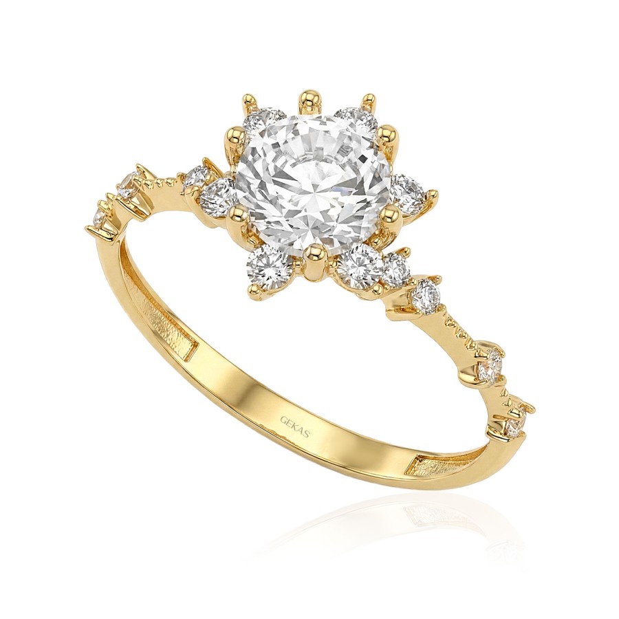 14 Ayar Sarı Altın Çiçek Model Tektaş Yüzük