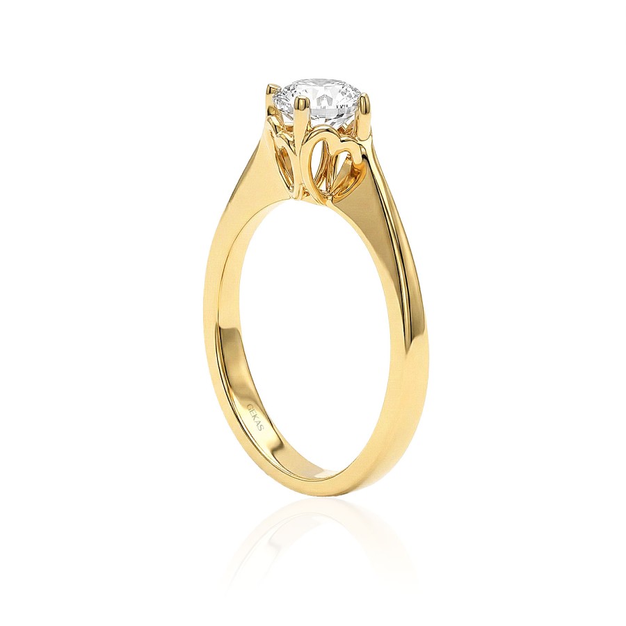 14 Ayar Sarı Altın Kalp Detaylı Tektaş Yüzük