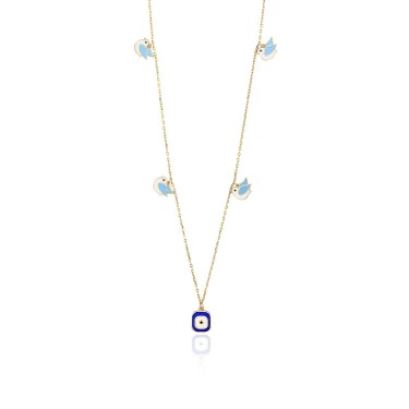 14 Ayar Sarı Altın Nazar Boncuğu Ve Kuş Figürlü Mineli Kolye