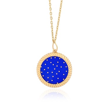 14 Ayar Sarı Altın Yuvarlak Mavi Mineli Kolye