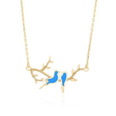 14 Ayar Sarı Altın Çift Kuş Figürlü Mavi Mineli Kolye