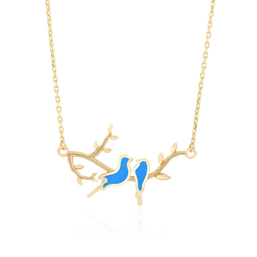 14 Ayar Sarı Altın Çift Kuş Figürlü Mavi Mineli Kolye