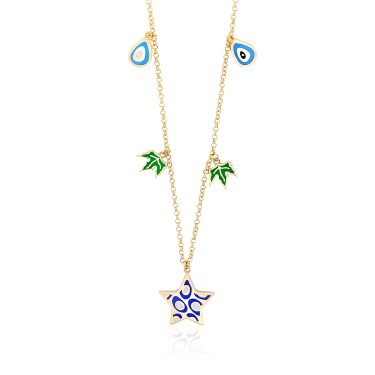 14 Ayar Sarı Altın Sallantılı Nazar Boncuğu Yaprak Yıldız Figürlü Mineli Kolye