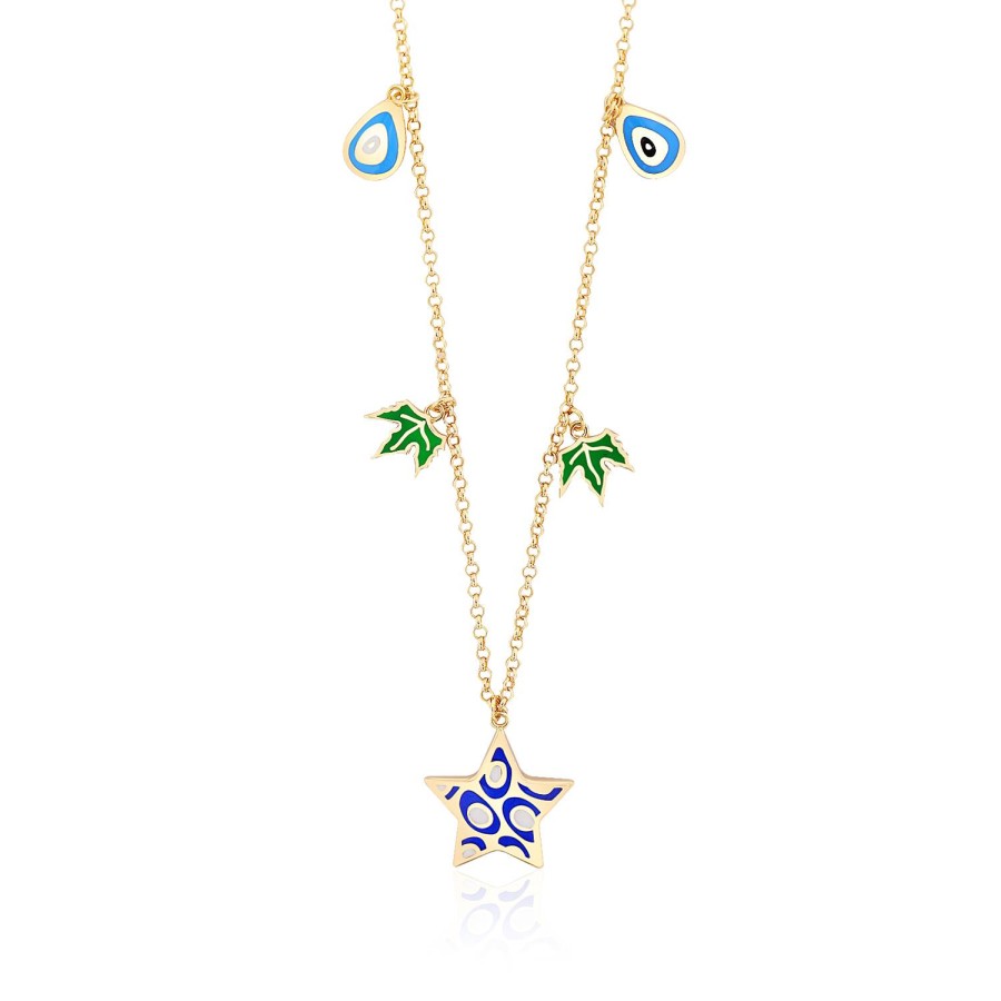 14 Ayar Sarı Altın Sallantılı Nazar Boncuğu Yaprak Yıldız Figürlü Mineli Kolye
