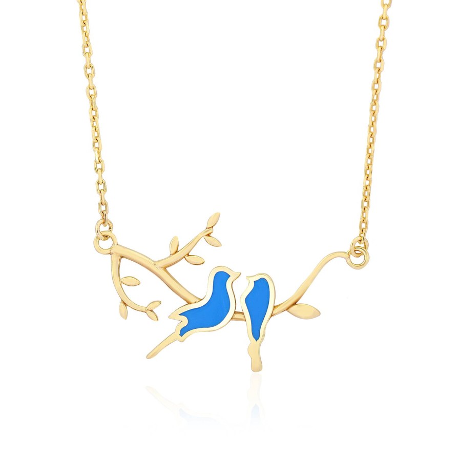14 Ayar Sarı Altın Dal Üzerinde Çift Kuş Figürlü Mavi Mineli Kolye