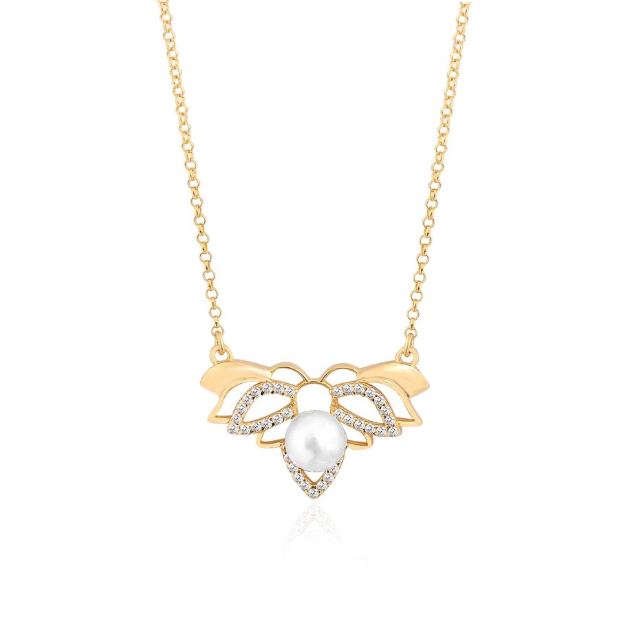 14 Ayar Sarı Altın Arı Figürlü İnci Taşlı Kolye