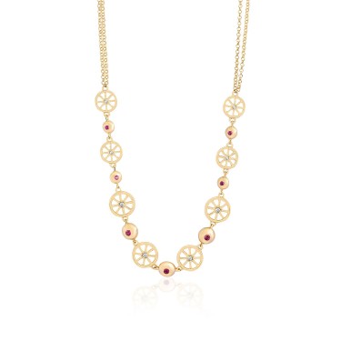 14 Ayar Sarı Altın Tekerlek Figürlü Taşlı Kolye