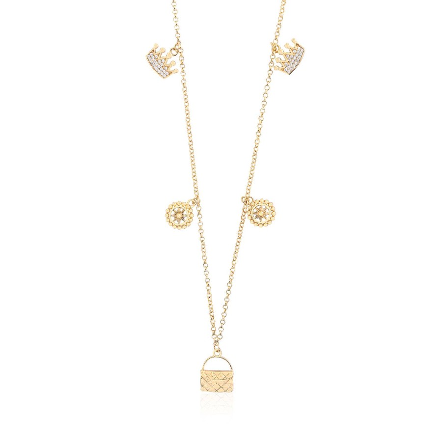 14 Ayar Sarı Altın Taç Çanta Figürlü Taşlı Kolye