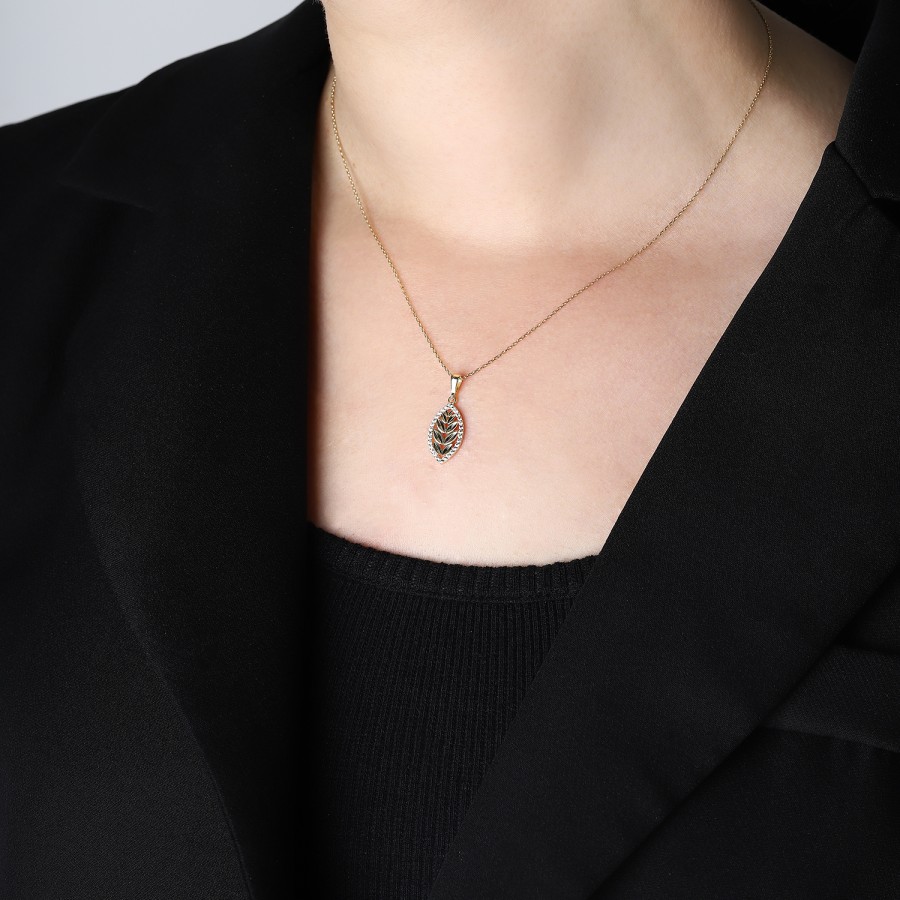 925 Ayar Gümüş Kararmaz Sarı Altın Kaplama Damla Şeklinde Çiçek Figürlü Taşlı Kolye