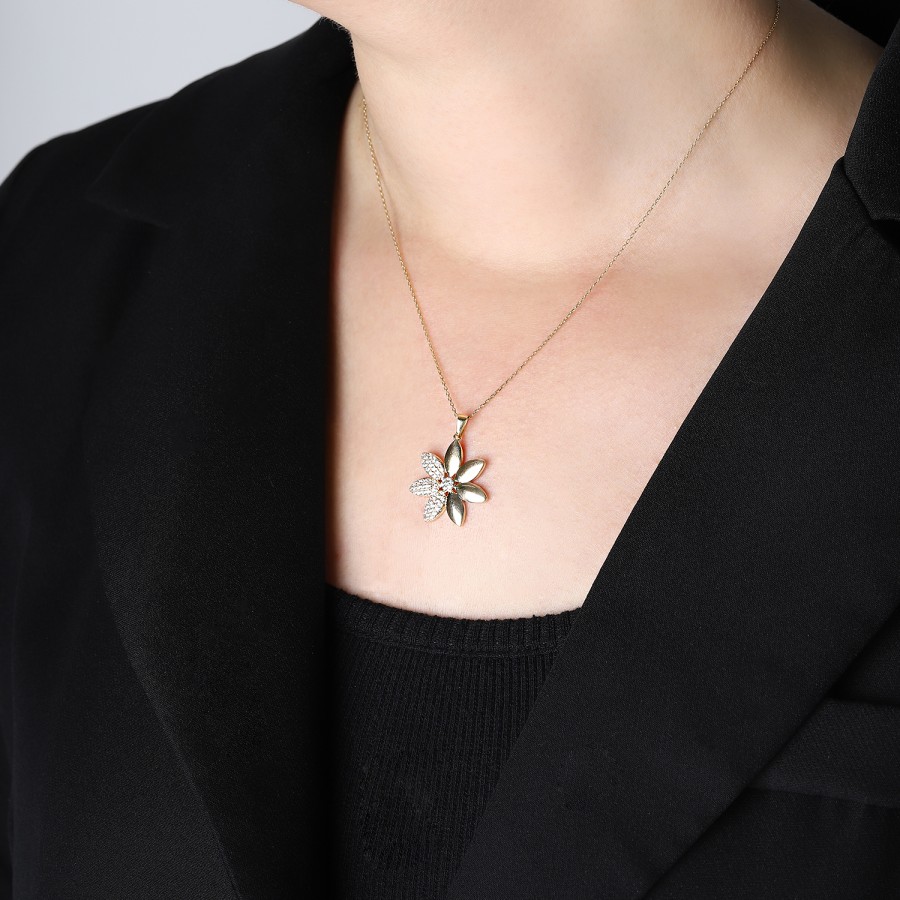 925 Ayar Gümüş Kararmaz Sarı Altın Kaplama Çiçekli Tasarım Taşlı Kolye