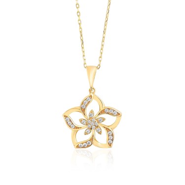 14 Ayar Sarı Altın Çiçek Figrülü Taşlı Kolye