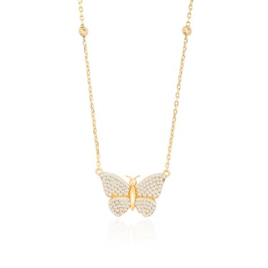 14 Ayar Sarı Altın Kelebek Figürlü Kanatları Taşlı Kolye
