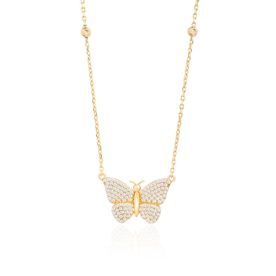 14 Ayar Sarı Altın Kelebek Figürlü Kanatları Taşlı Kolye