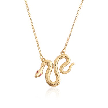 14 Ayar Sarı Altın Yılan Figürlü Pembe Taşlı Kolye