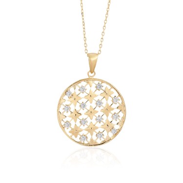 14 Ayar Sarı Altın Çiçek Figürlü Taşlı Kolye