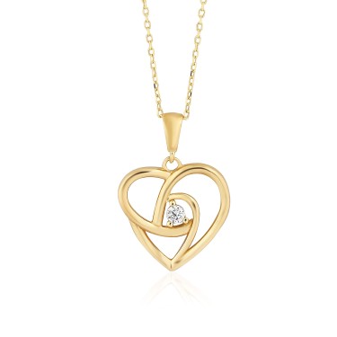 14 Ayar Sarı Altın Kalp Figürlü Taşlı Kolye