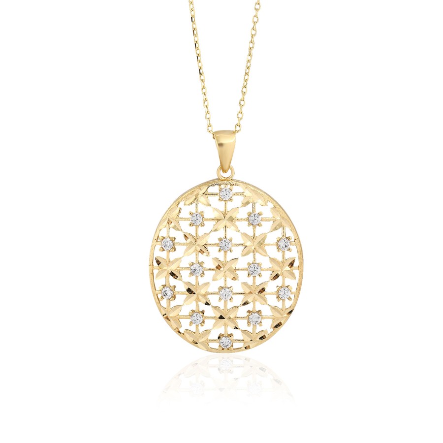 925 Ayar Gümüş Kararmaz Sarı Altın Kaplama Çiçek Figürlü Taşlı Kolye