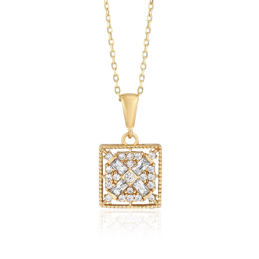 14 Ayar Sarı Altın Kare Şeklinde Taşlı Baget Kolye