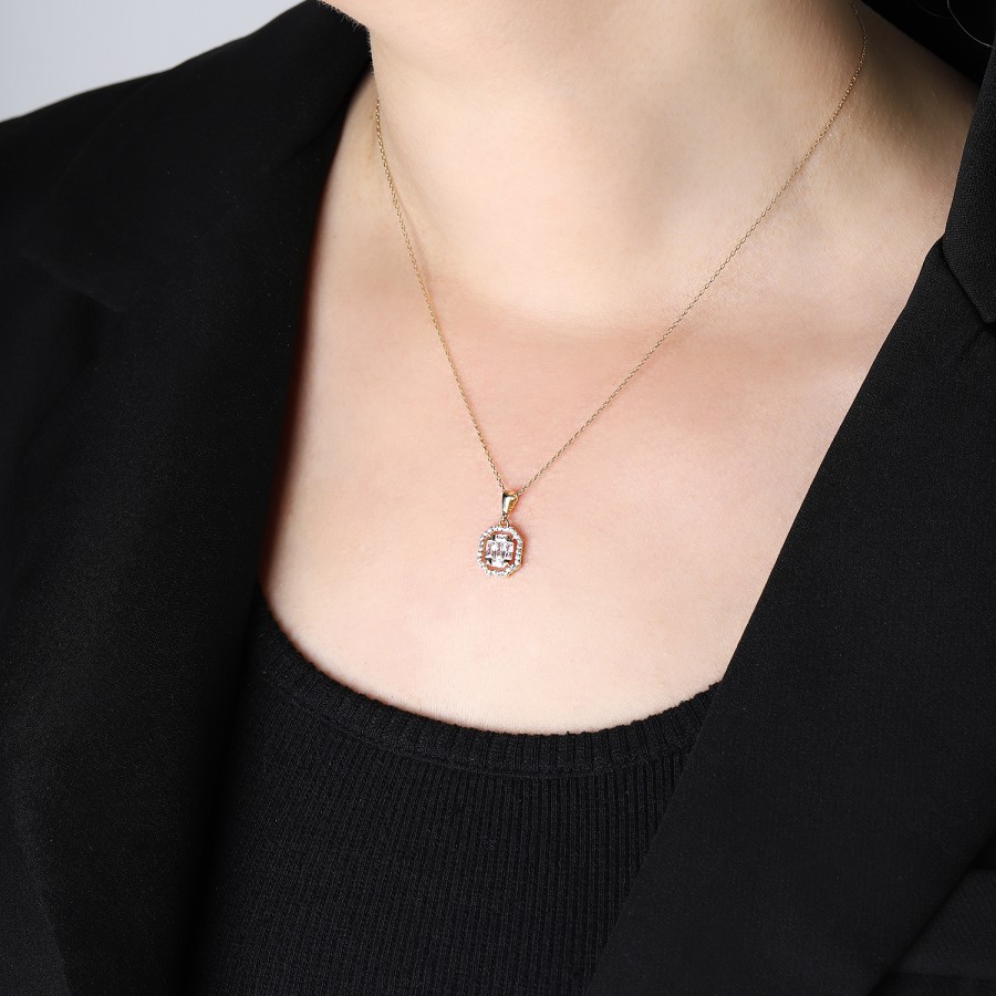 925 Ayar Gümüş Kararmaz Sarı Altın Kaplama Altıgen Şeklinde Taşlı Baget Kolye