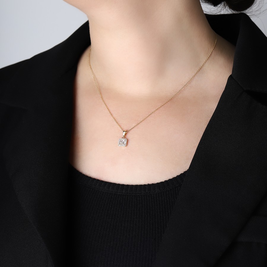 925 Ayar Gümüş Kararmaz Sarı Altın Kaplama Baget Taşlı Kare Kolye