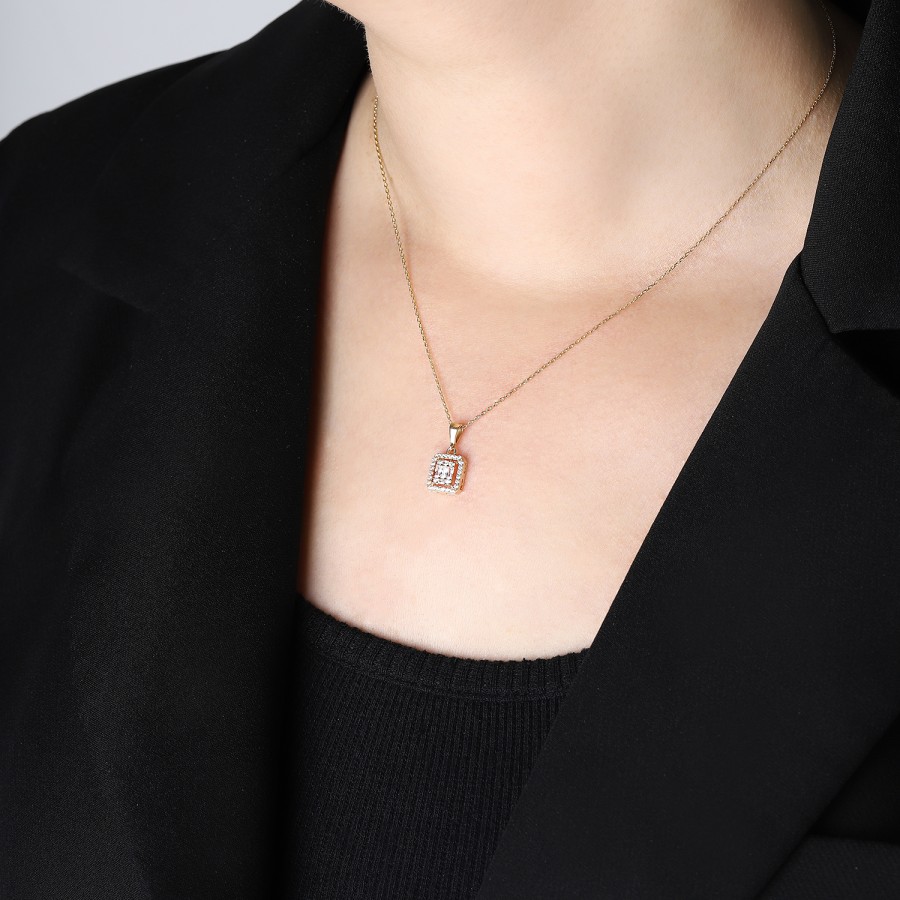 925 Ayar Gümüş Kararmaz Sarı Altın Kaplama Baget Kesim Taşlı Kolye