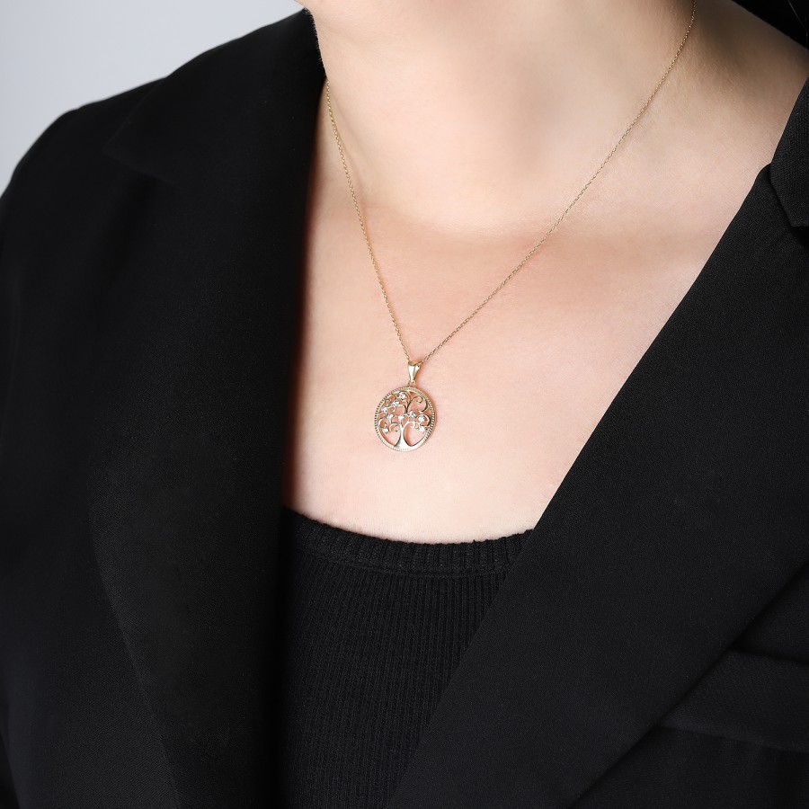 925 Ayar Gümüş Kararmaz Sarı Altın Kaplama Ağaç Figürlü Taşlı Kolye