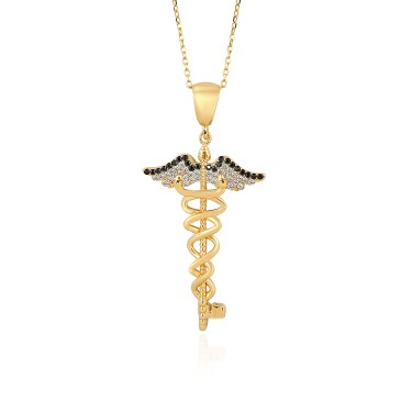 14 Ayar Sarı Altın Anahtar Kanat Figürlü Siyah Taşlı Kolye