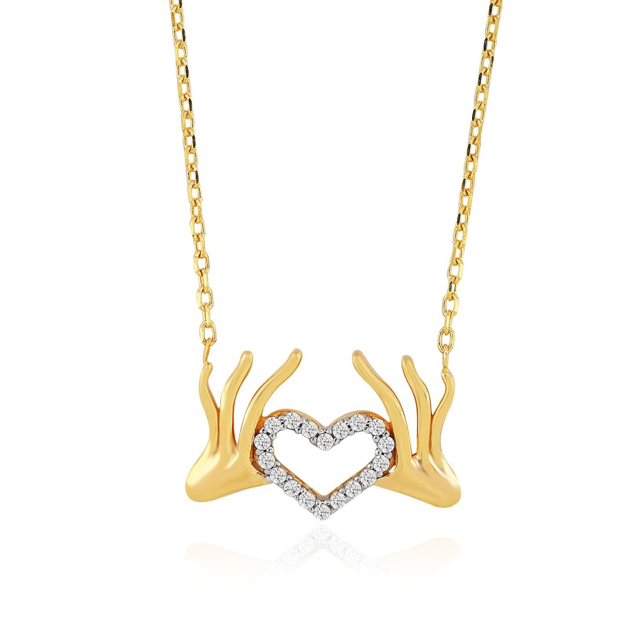 14 Ayar Sarı Altın Kalpli El Taşlı Kolye