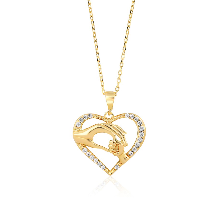 14 Ayar Sarı Altın Kalp Figürlü Anne Çocuk Taşlı Kolye