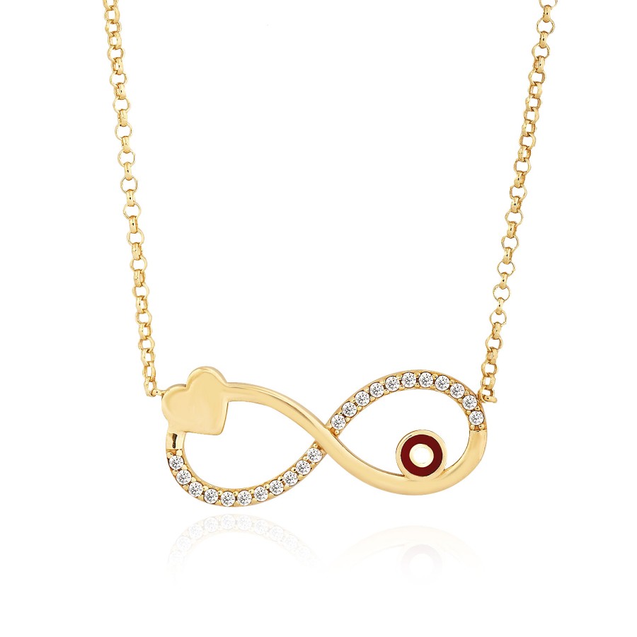 925 Ayar Gümüş Kararmaz Sarı Altın Kaplama Sonsuzluk Ve Kalp Figürlü Taşlı Kolye